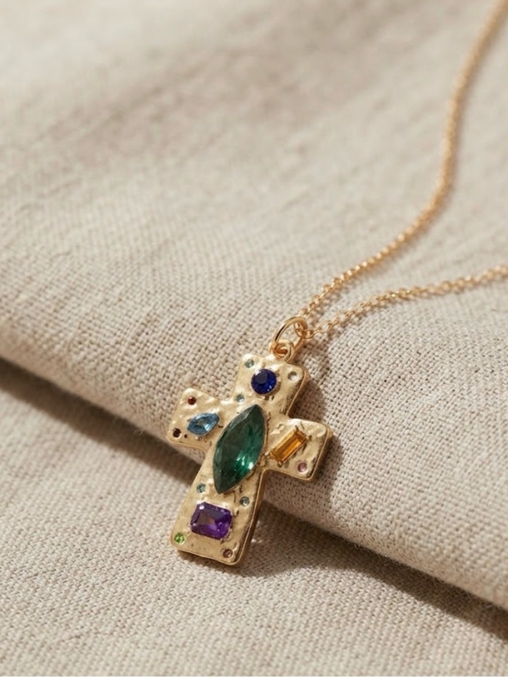 Bohemian Gold Tone Multi-Gem Cross Pendant Necklace - Green Accent
